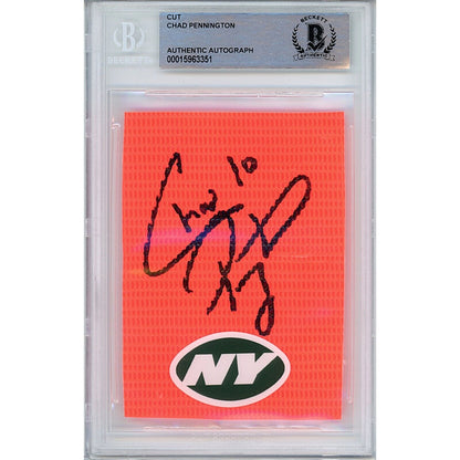 Footballs- Autographed- Chad Pennington New York Jets Signed Football End Zone Pylon Cut Beckett Authentic Auto Slab Front