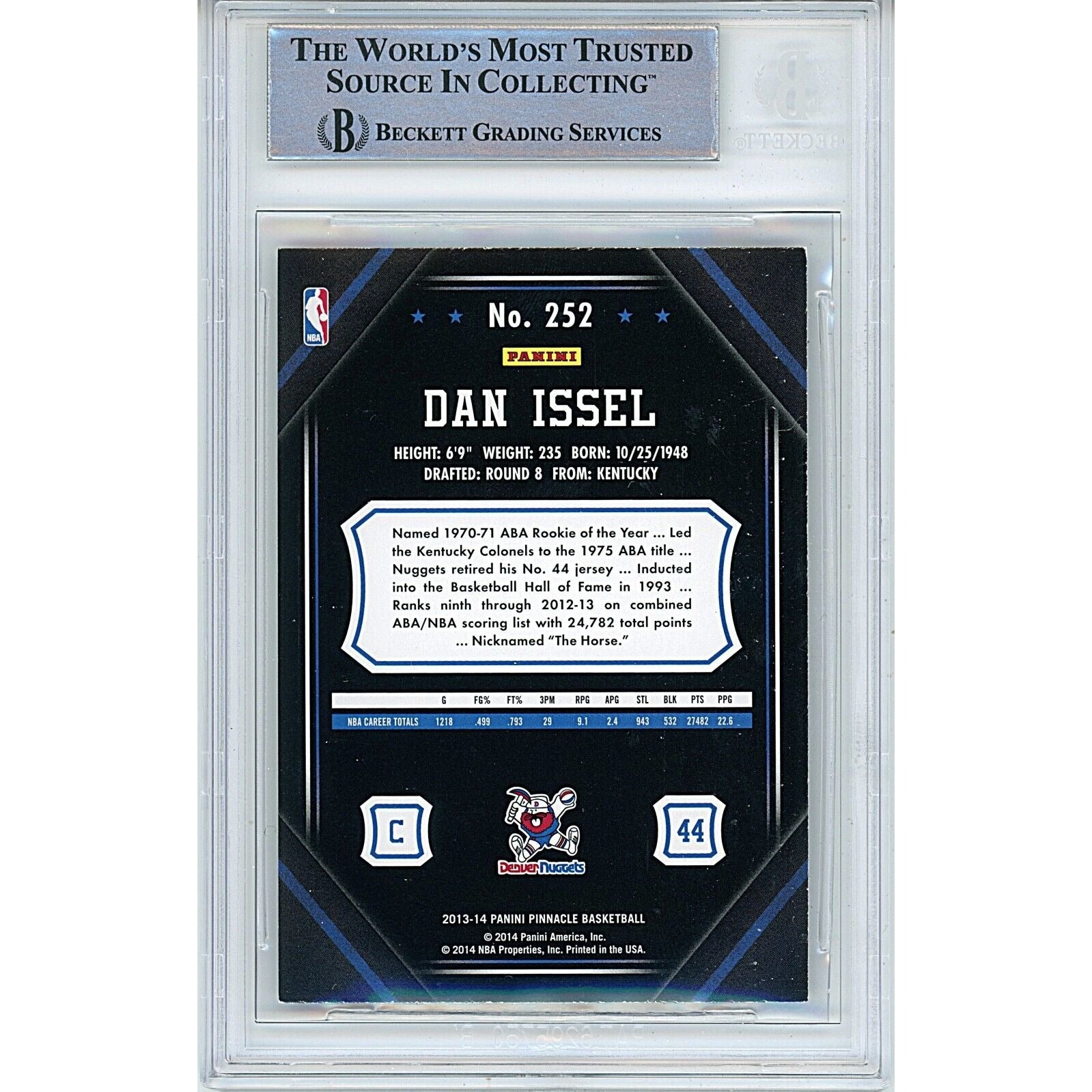 Basketballs- Autographed- Dan Issel Denver Nuggets Signed 2013-14 Pinnacle Basketball Card Beckett Authentic Auto Slab Back