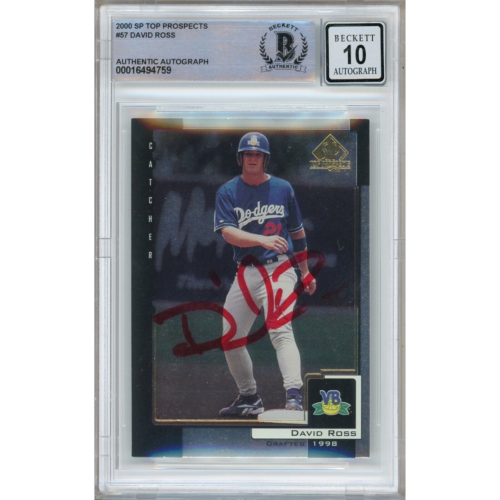 2000 SP Top Prospects #57 David Ross Los Angeles Dodgers Autographed Trading Card – Beckett BAS