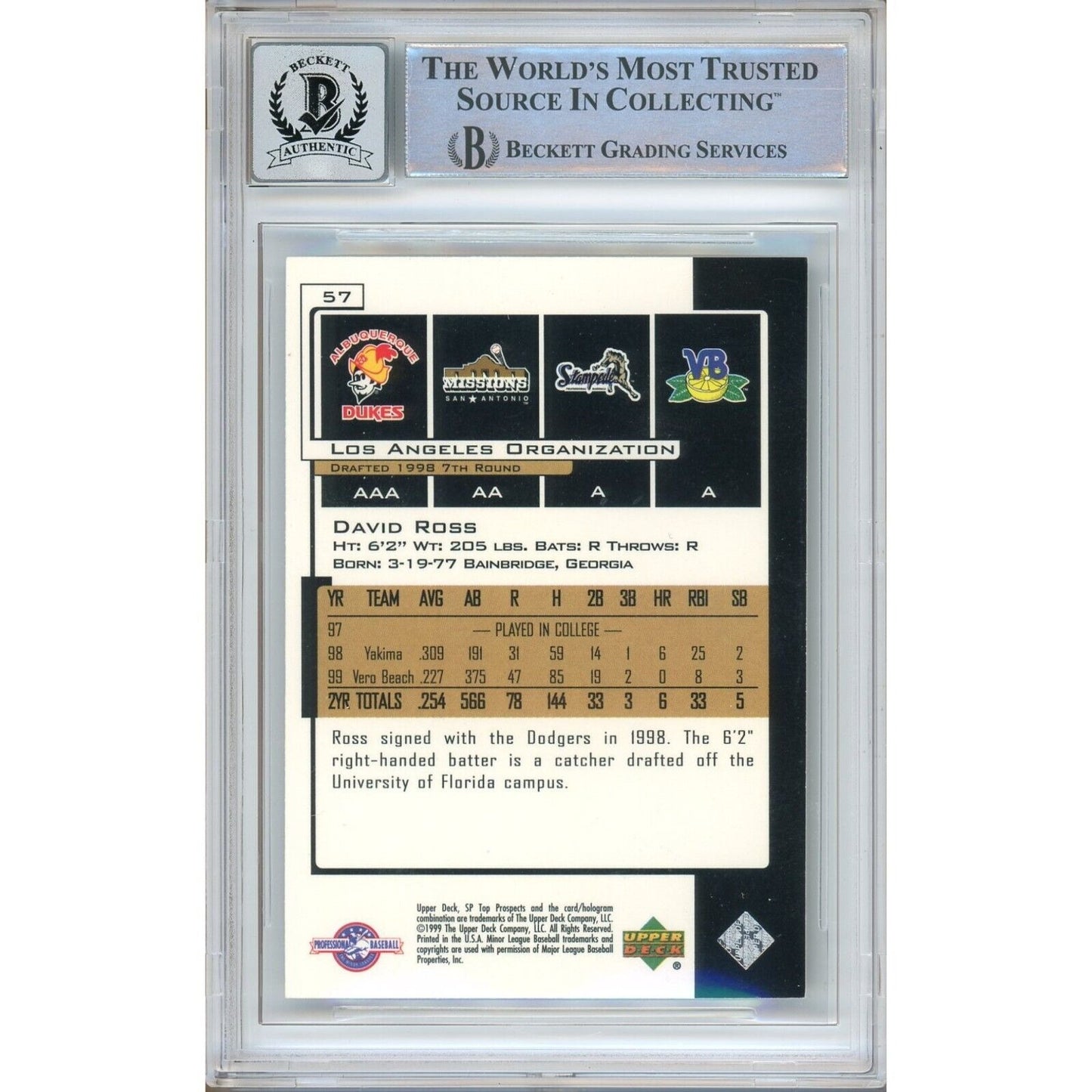 Baseballs- Autographed- David Ross Signed 2000 Upper Deck SP Top Prospects Rookie Baseball Card Beckett Authentic BGS Auto-10 Graded Slab Card