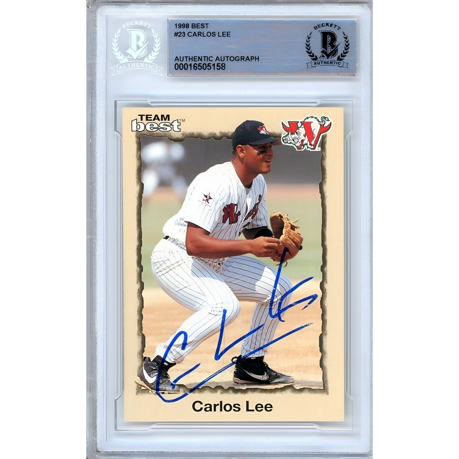 Baseballs- Autographed- Carlos Lee Chicago White Sox Signed 1998 Team Best Rookie Baseball Card Beckett Authentic Auto Slab Front