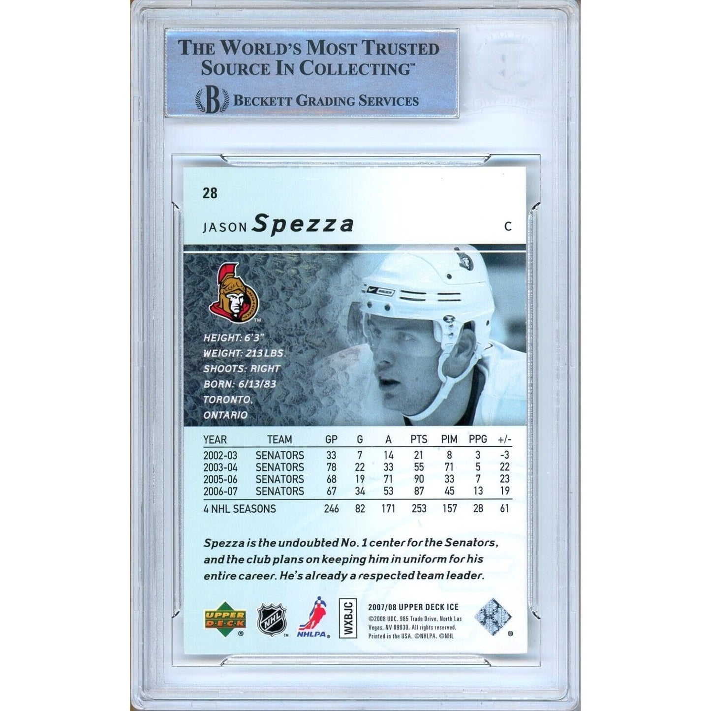 Hockey- Autographed- Jason Spezza Ottawa Senators Signed 2007-08 Upper Deck Ice Hockey Card Beckett Authentic Auto Slab Back