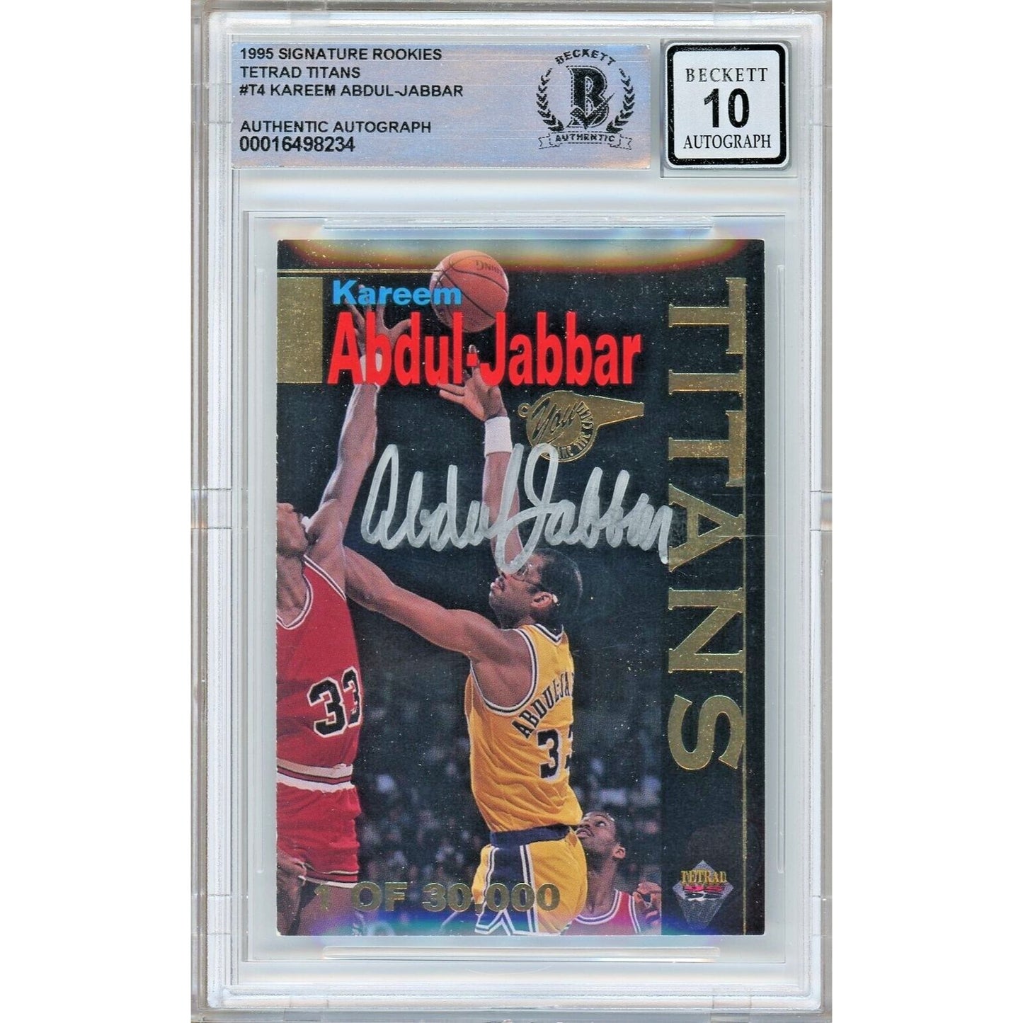 Basketballs- Autographed- Kareem Abdul-Jabbar Los Angeles Lakers Signed 1995 Signature Rookies Tetrad Titans Basketball Card Beckett Authentic BGS Auto-10 Graded Slab Front