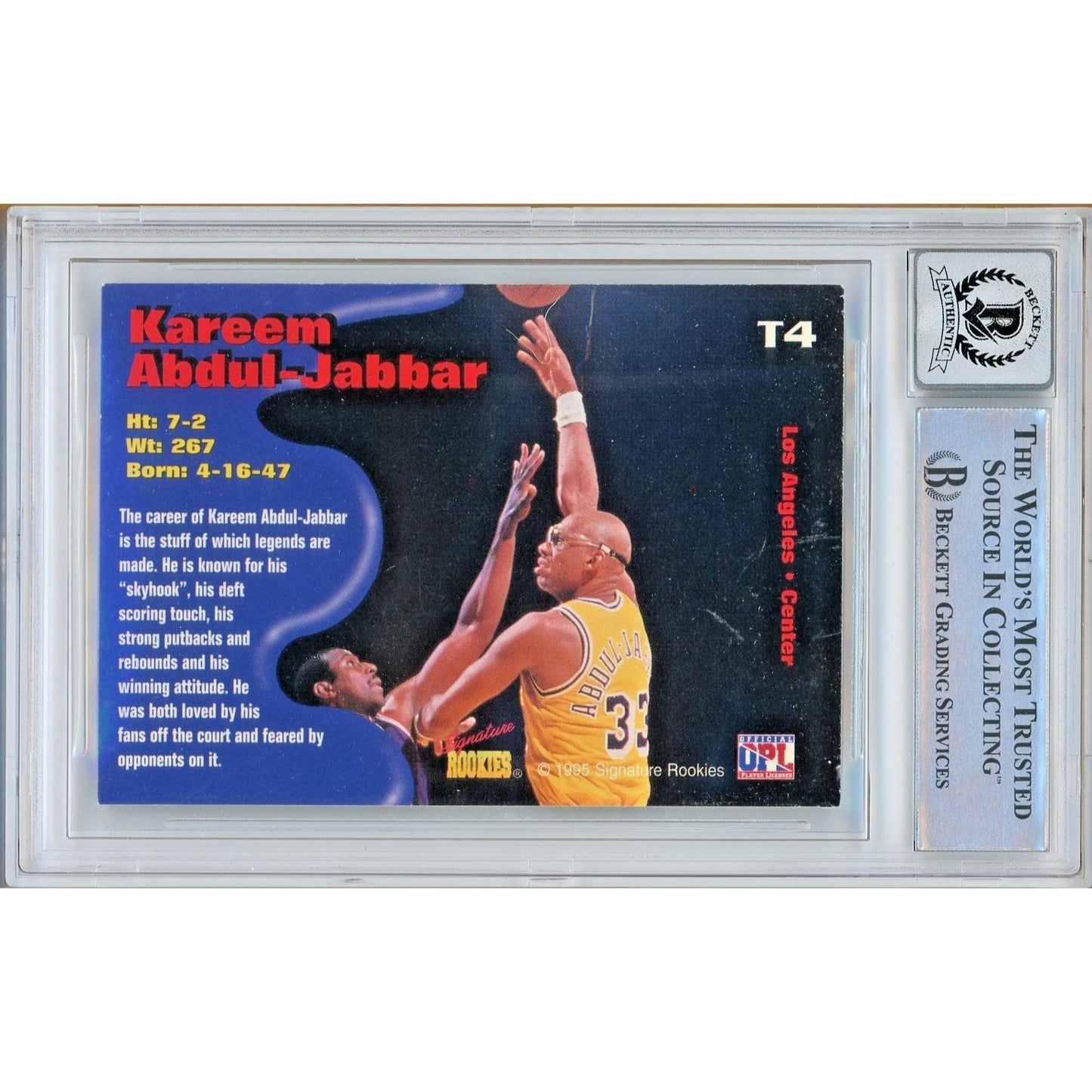 Basketballs- Autographed- Kareem Abdul-Jabbar Los Angeles Lakers Signed 1995 Signature Rookies Tetrad Titans Basketball Card Beckett Authentic BGS Auto-10 Graded Slab Back