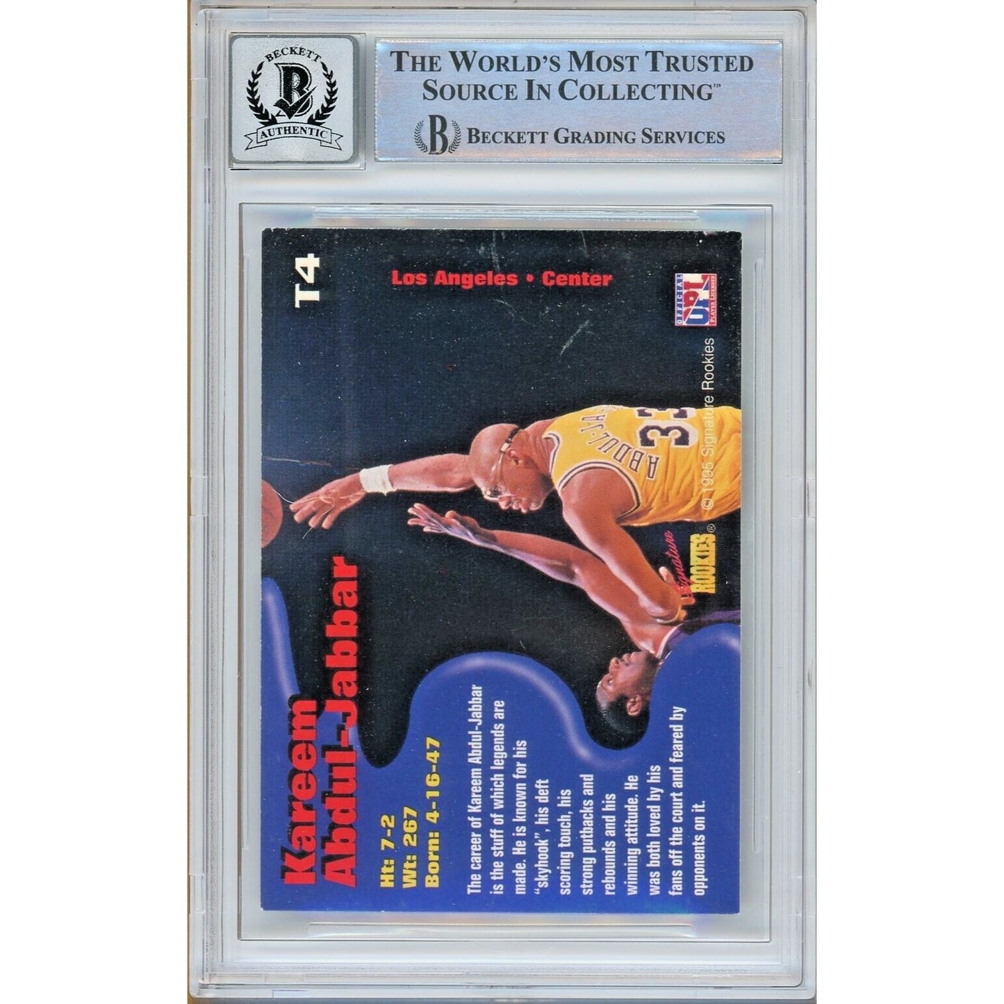 Basketballs- Autographed- Kareem Abdul-Jabbar Los Angeles Lakers Signed 1995 Signature Rookies Tetrad Titans Basketball Card Beckett Authenticated BGS Auto-10 Graded Slab Back