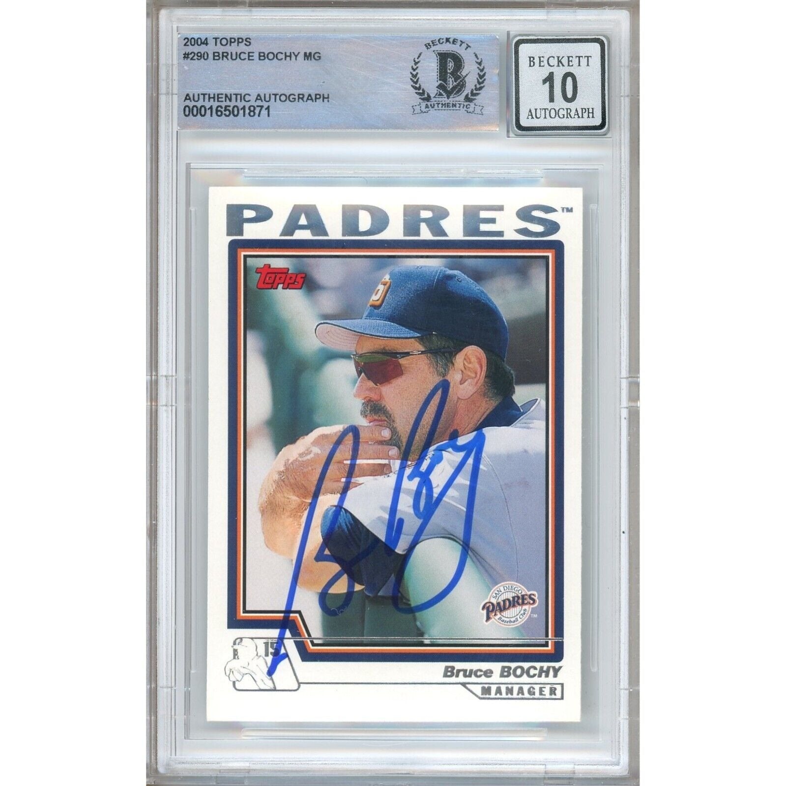 Baseballs- Autographed- Bruce Bochy San Diego Padres Signed 2004 Topps Baseball Card Beckett Authentic BGS Auto-10 Graded Slab Front