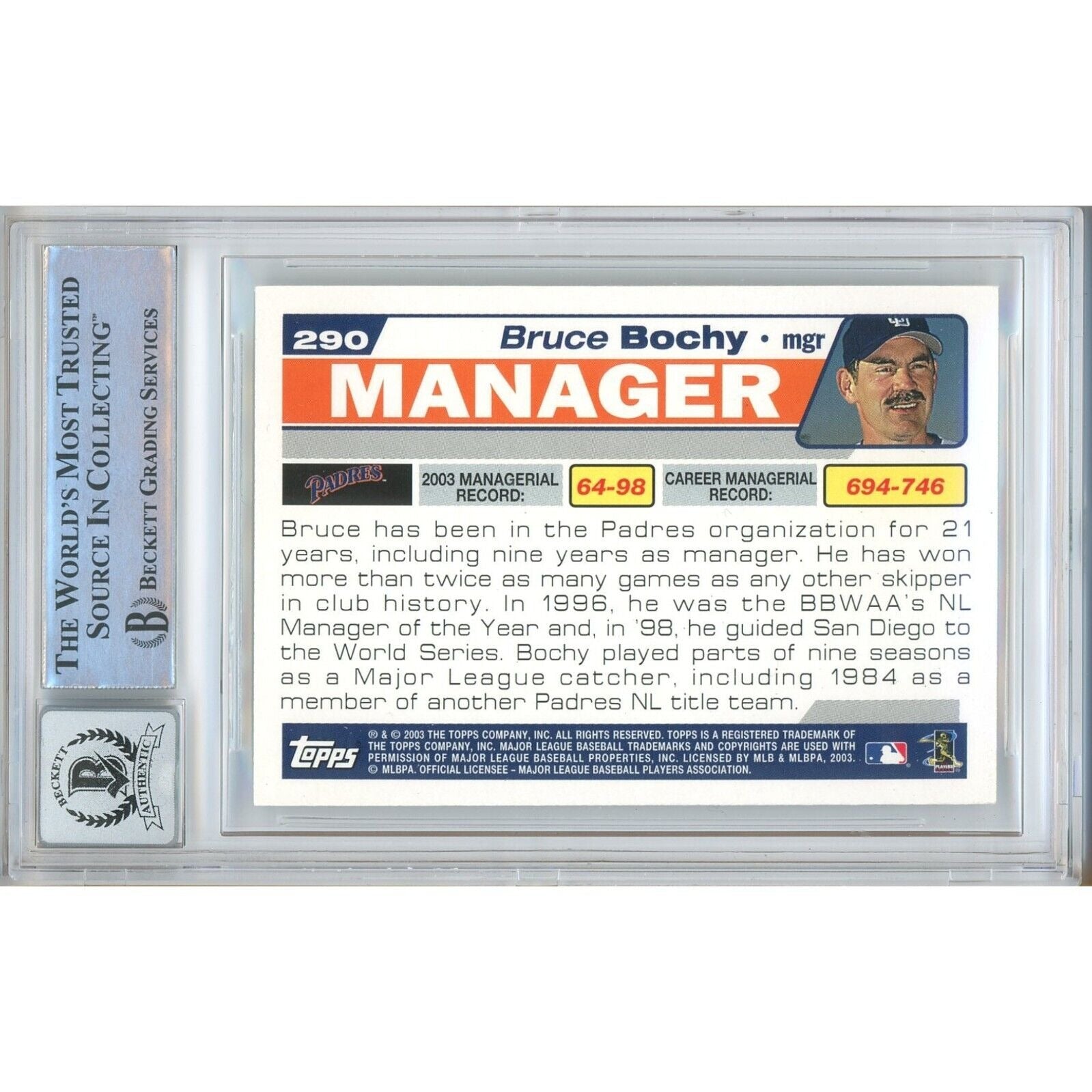 2004 Topps #290 Bruce Bochy San Diego Padres Signed Trading Card – Beckett BAS