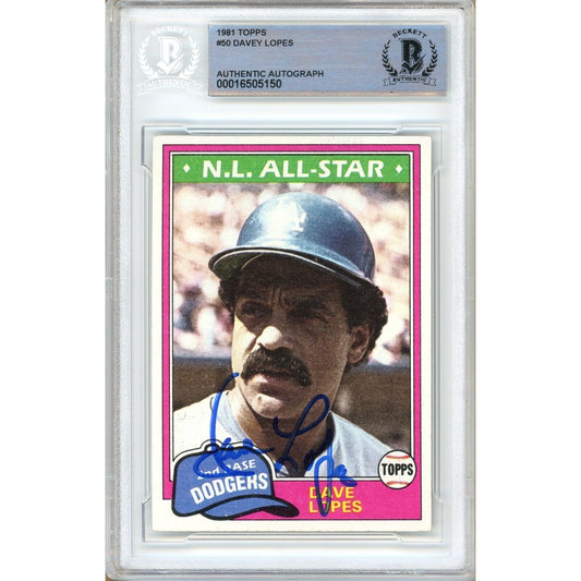 Baseballs- Autographed- Davey Lopes Los Angeles Dodgers Signed 1981 Topps Baseball Card Beckett Authentic Auto Slab Front