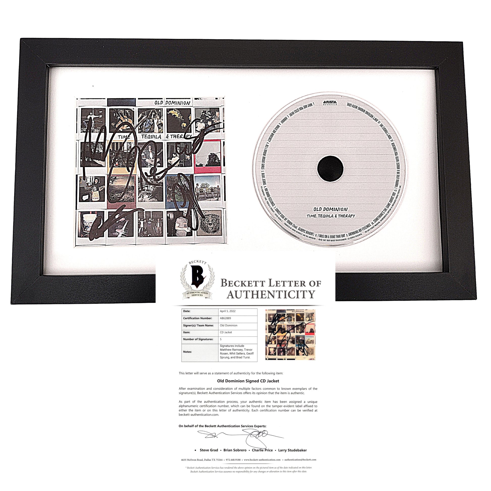 Music- Autographed- Old Dominion Signed Time, Tequila and Therapy CD Cover Framed and Matted with Compact Disc - Beckett BAS Authentication AB62889 with LOA