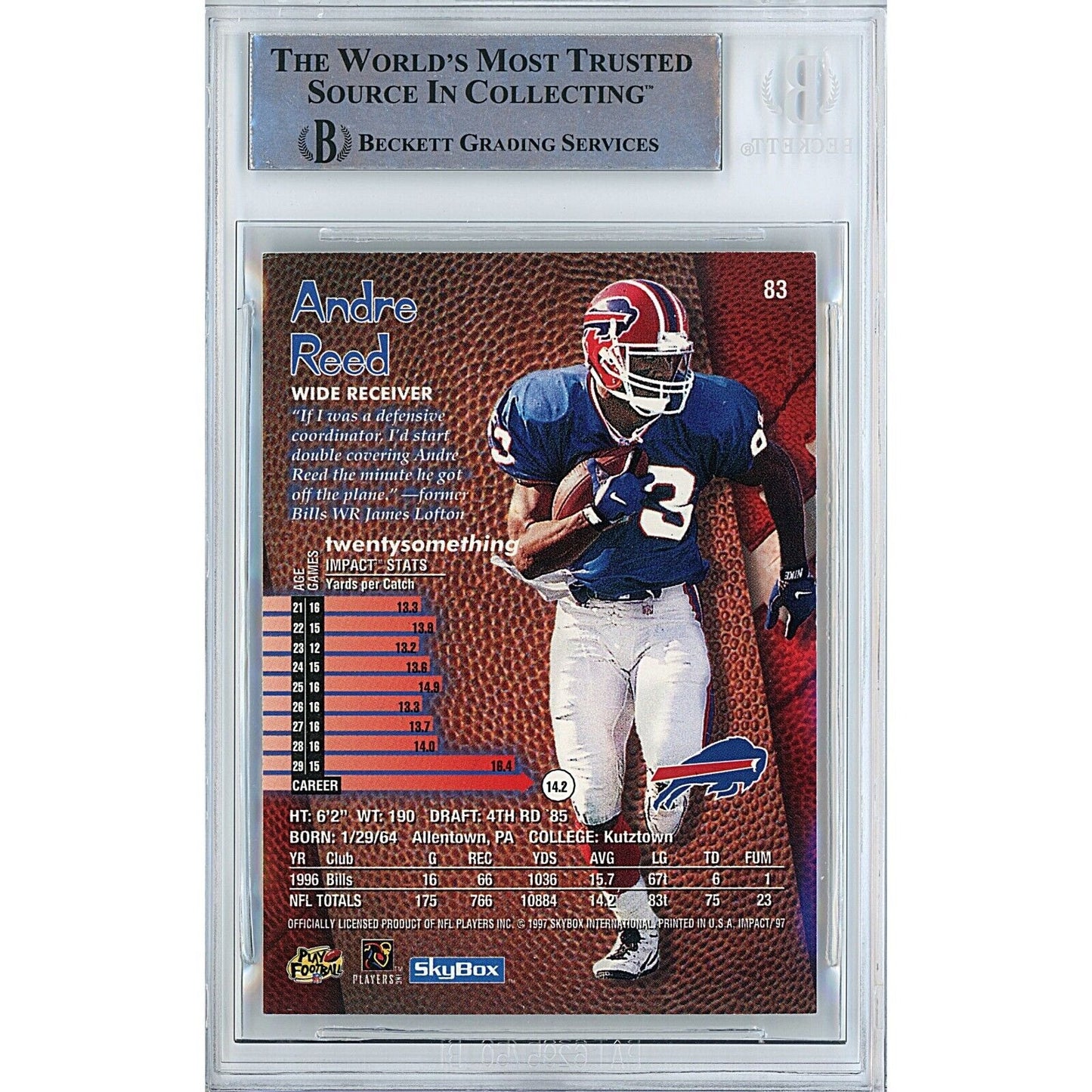 Footballs- Autographed- Andre Reed Buffalo Bills Signed 1997 Skybox Impact Football Card Beckett Authentic Auto Slab Back