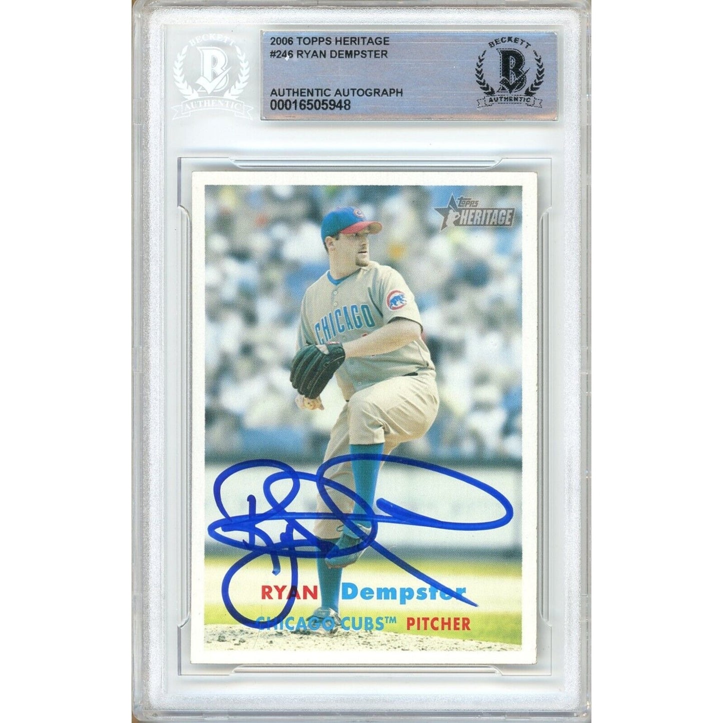 Baseballs- Autographed- Ryan Dempster Chicago Cubs Signed 2006 Topps Heritage Trading Card Beckett Authentic Auto Slab Front