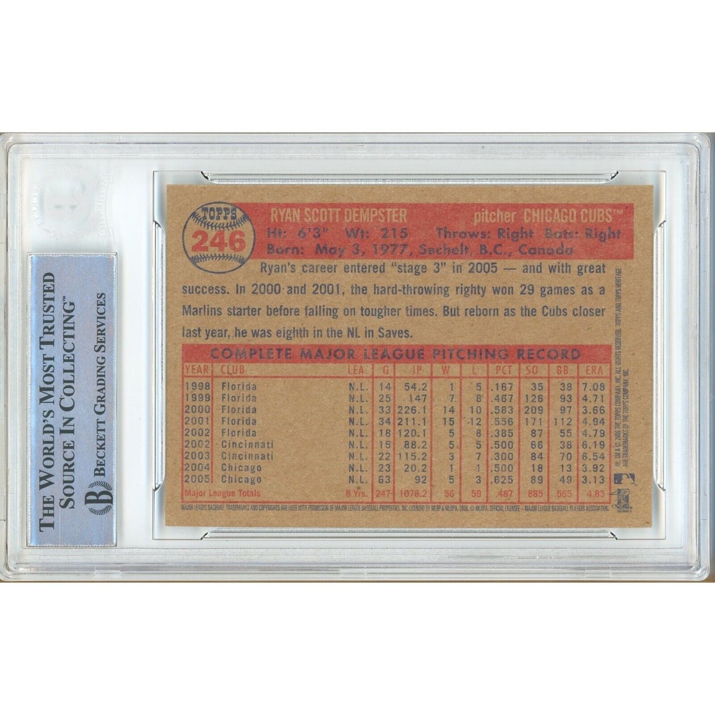 Baseballs- Autographed- Ryan Dempster Chicago Cubs Signed 2006 Topps Heritage Trading Card Beckett Authentic Auto Slab Back