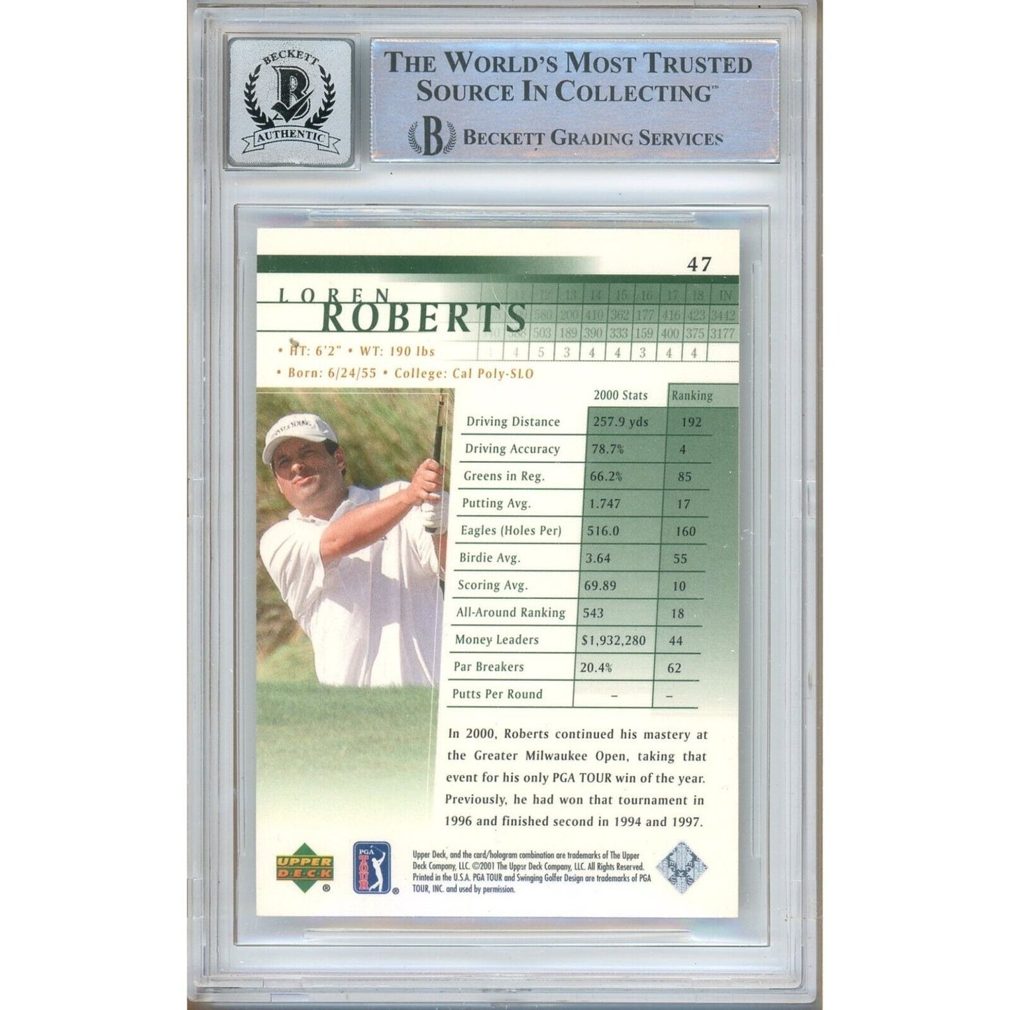 Golf- Autographed- Loren Roberts Signed 2001 Upper Deck PGA Tour Golf Card Beckett Authentic BGS Auto-10 Graded Slab Back