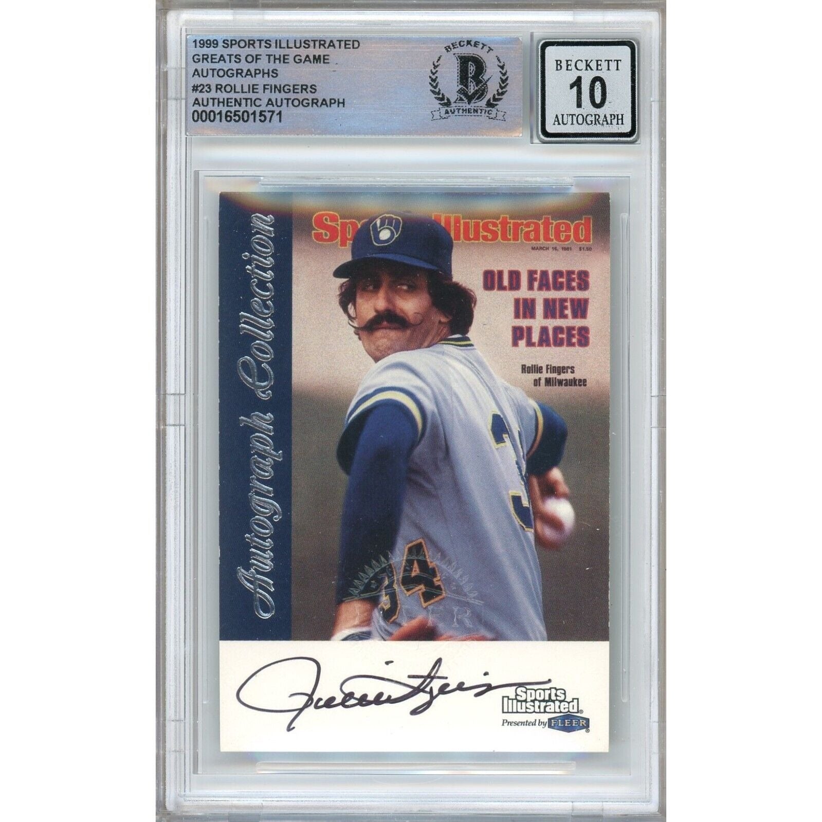 Rollie Fingers autographed trading card – full view – Beckett COA
