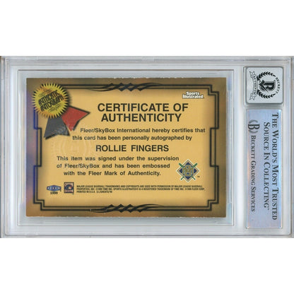 Baseballs- Autographed- Rollie Fingers Milwaukee Brewers Signed 1999 Fleer Sports Illustrated Autographs Card Beckett Authentic BGS Auto-10 Graded Slab Back