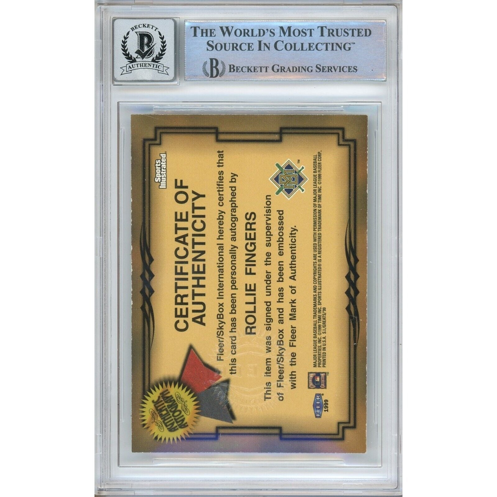 Baseballs- Autographed- Rollie Fingers Milwaukee Brewers Signed 1999 Fleer Sports Illustrated Autographs Card Beckett Authenticated BGS Auto-10 Graded Slab Back