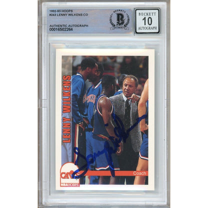 Basketballs- Autographed- Lenny Wilkens Cleveland Cavaliers Signed 1992-93 NBA Hoops Basketball Card Beckett Authentic BGS Auto-10 Graded Slab Front