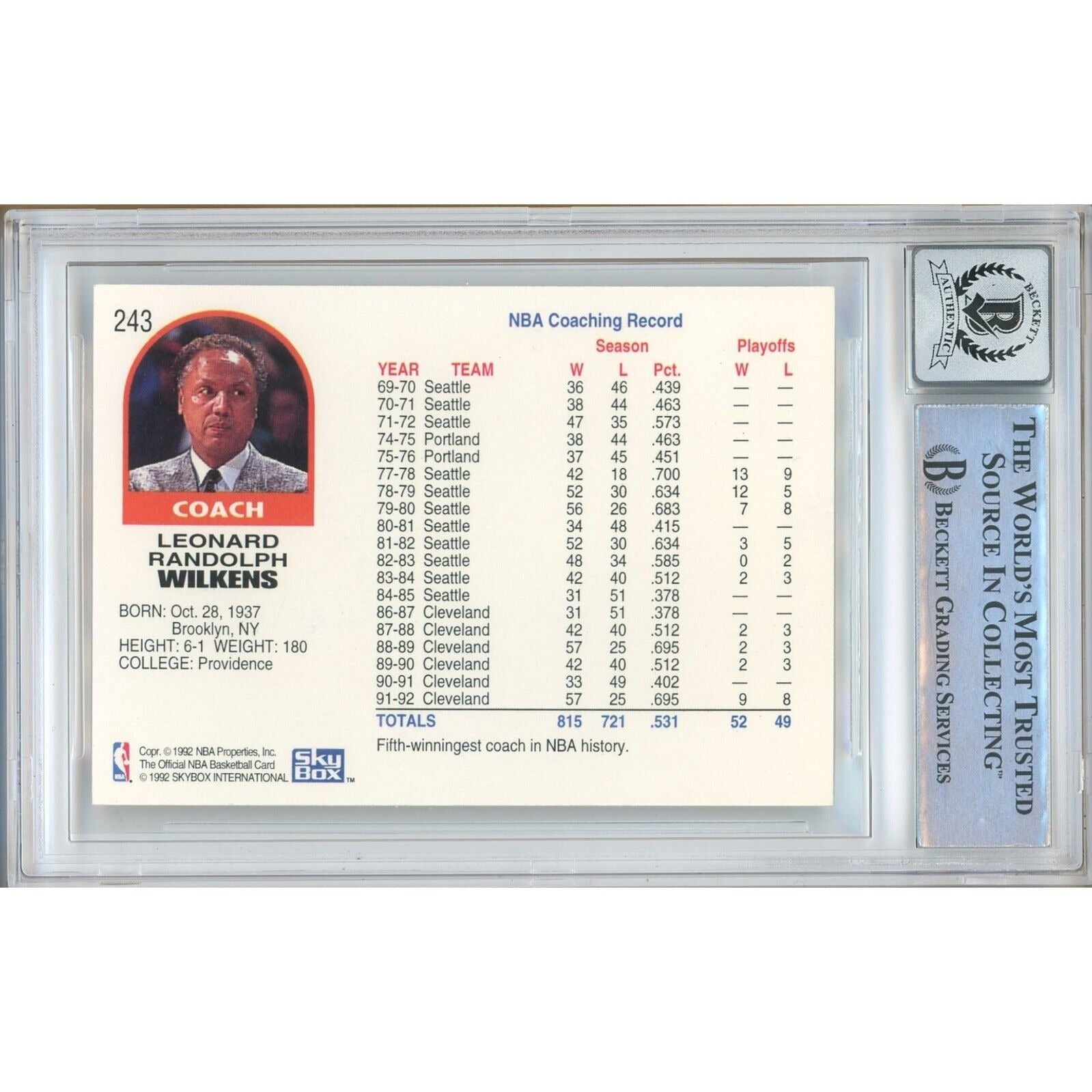 Basketballs- Autographed- Lenny Wilkens Cleveland Cavaliers Signed 1992-93 NBA Hoops Basketball Card Beckett Authentic BGS Auto-10 Graded Slab Back