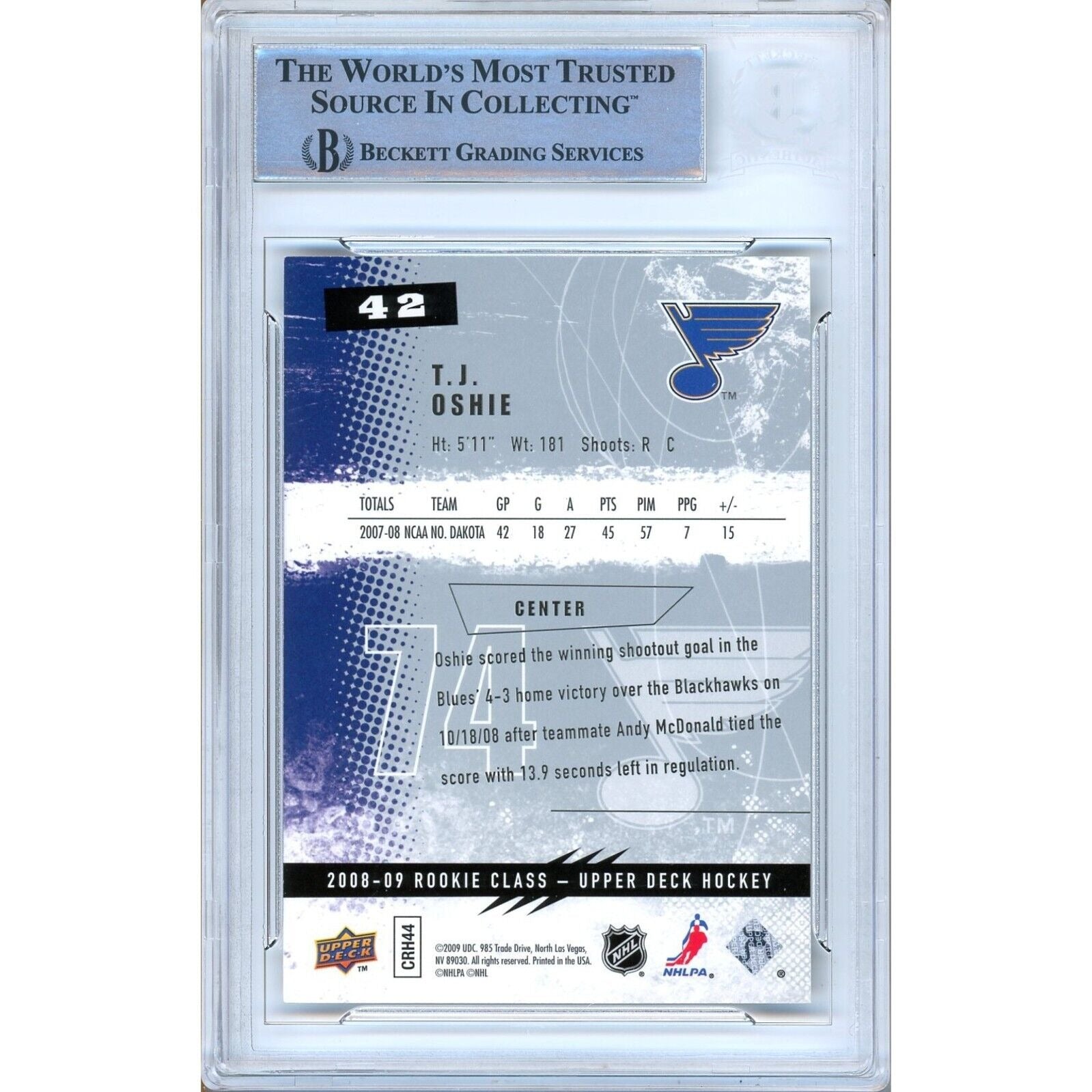 Hockey- Autographed- T.J. Oshie St Louis Blues Signed 2008-09 Upper Deck Rookie Class Trading Card Beckett Authentic Auto Slab Back