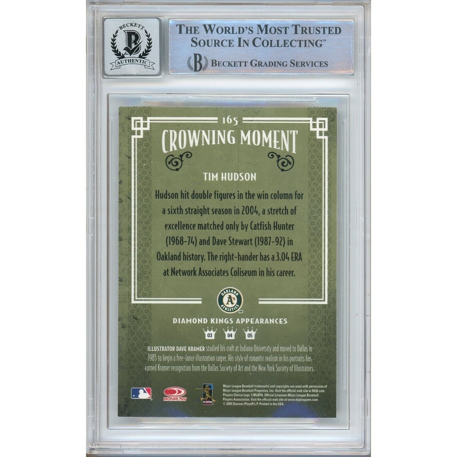 Baseballs- Autographed- Tim Hudson Oakland Athletics Signed 2005 Donruss Diamond Kings Trading Card Beckett Authentic BGS Auto-10 Graded Slab Back