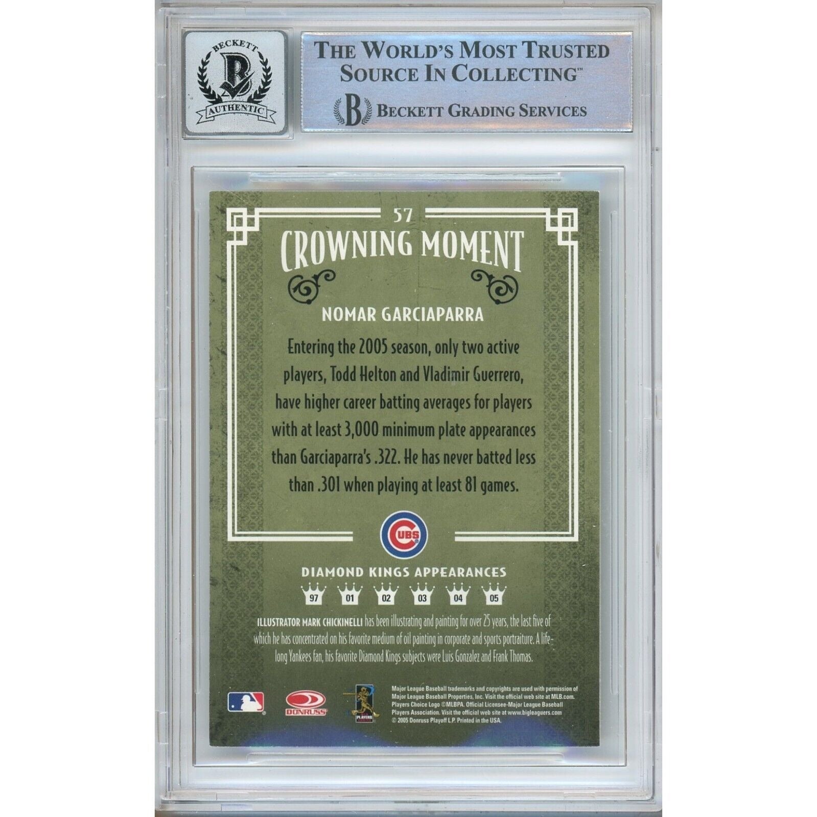 Baseballs- Autographed- Nomar Garciaparra Signed Chicago Cubs 2005 Donruss Diamond Kings Baseball Card Beckett Authentic BGS Auto-10 Graded Slab Back