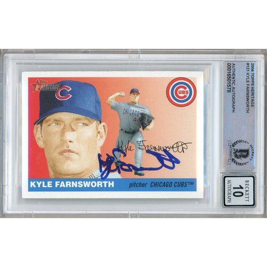 Baseballs- Autographed- Kyle Farnsworth Chicago Cubs Signed 2004 Topps Heritage Baseball Card Beckett Authentic BGS Auto-10 Graded Slab Front