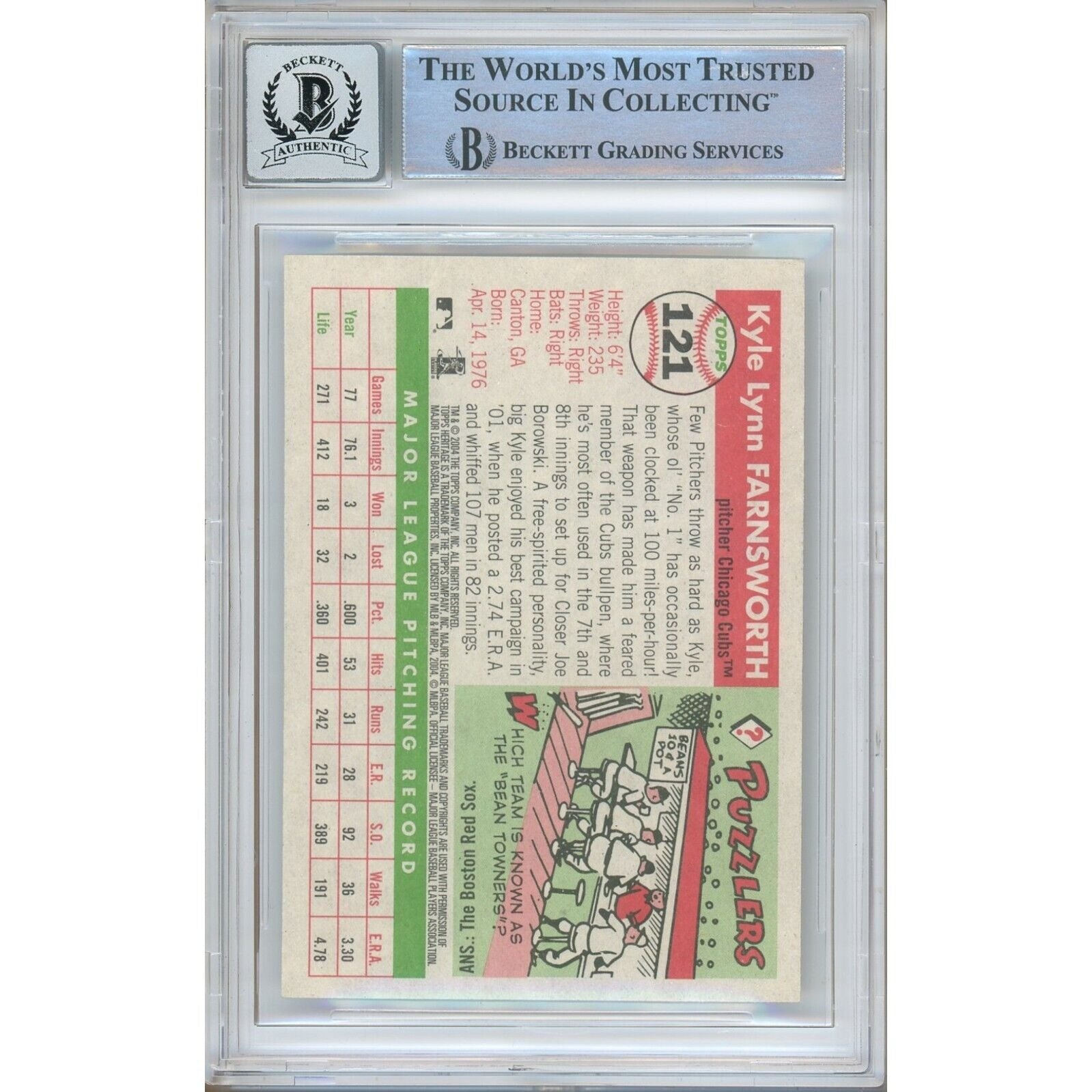 2004 Topps Heritage #121 Kyle Farnsworth Chicago Cubs Auto Trading Card – Beckett BAS.