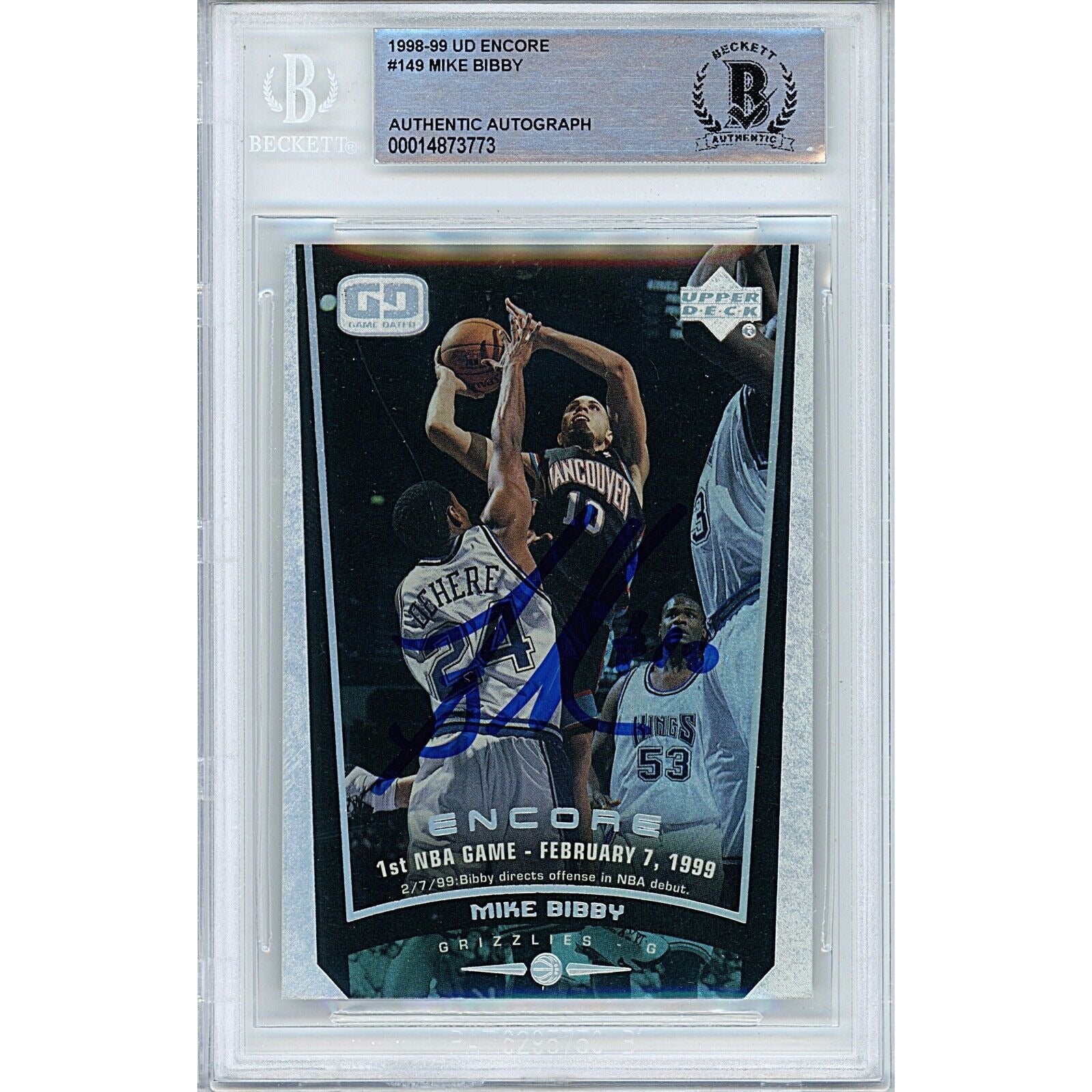 Mike Bibby Vancouver Grizzlies autographed trading card – full view – Beckett COA