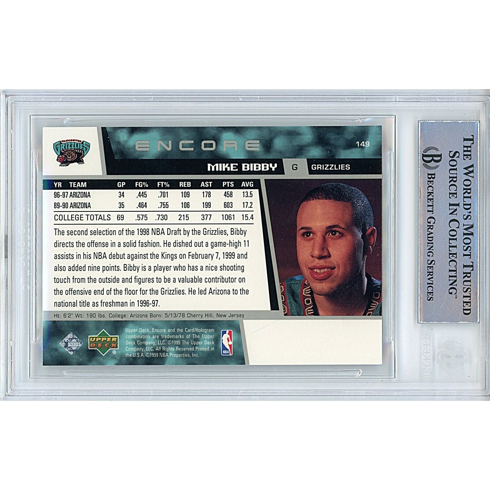 Mike Bibby Vancouver Grizzlies signed trading card – signature close-up – Beckett COA