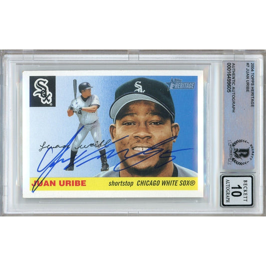 Baseballs- Autographed- Juan Uribe Chicago White Sox Signed 2004 Topps Heritage Baseball Card Beckett Authentic BGS Auto-10 Graded Slab Front