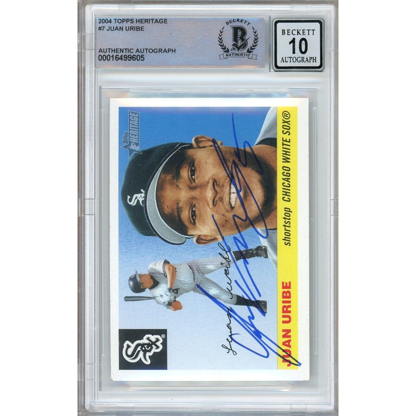 Baseballs- Autographed- Juan Uribe Chicago White Sox Signed 2004 Topps Heritage Baseball Card Beckett Authenticated BGS Auto-10 Graded Slab Front