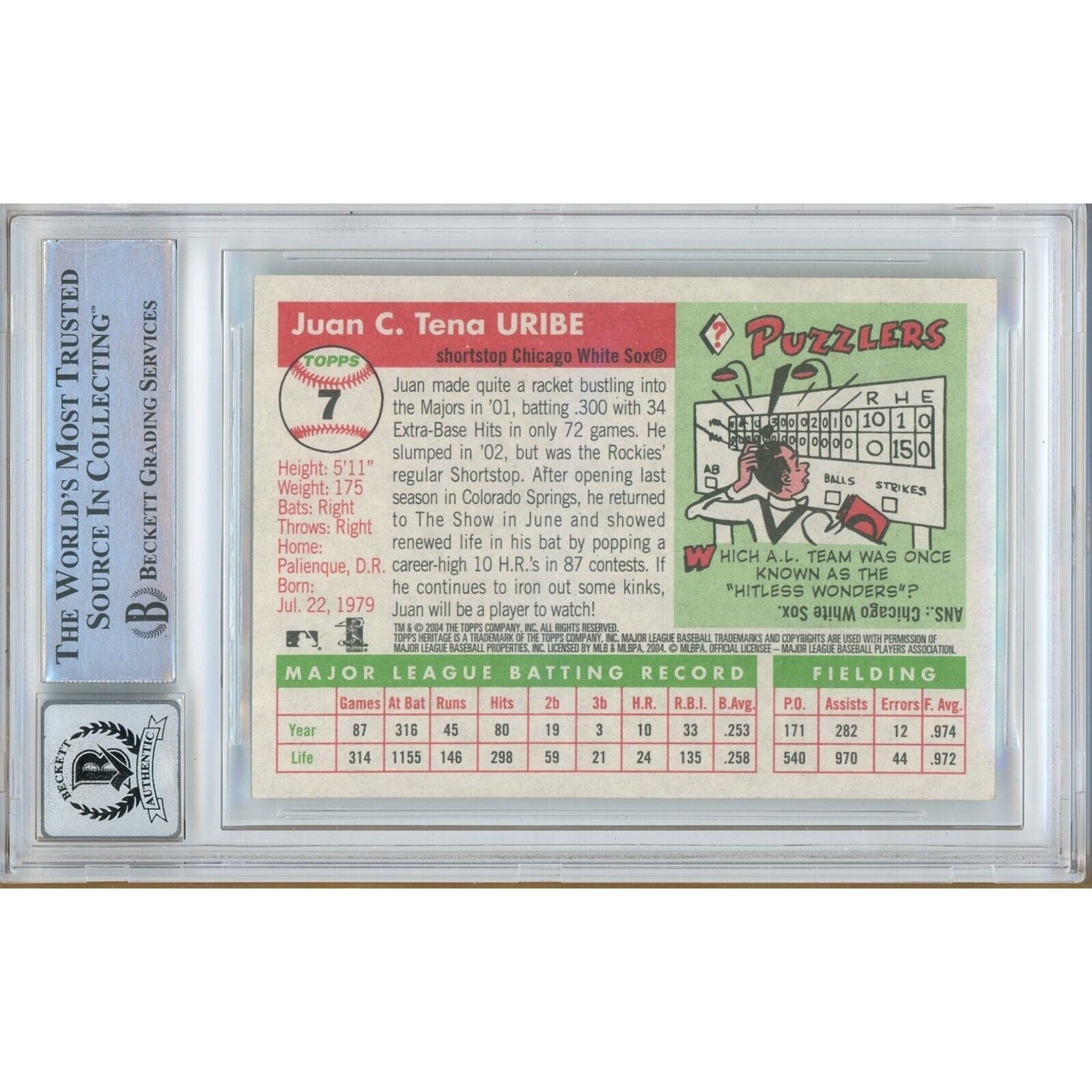 Baseballs- Autographed- Juan Uribe Chicago White Sox Signed 2004 Topps Heritage Baseball Card Beckett Authentic BGS Auto-10 Graded Slab Back