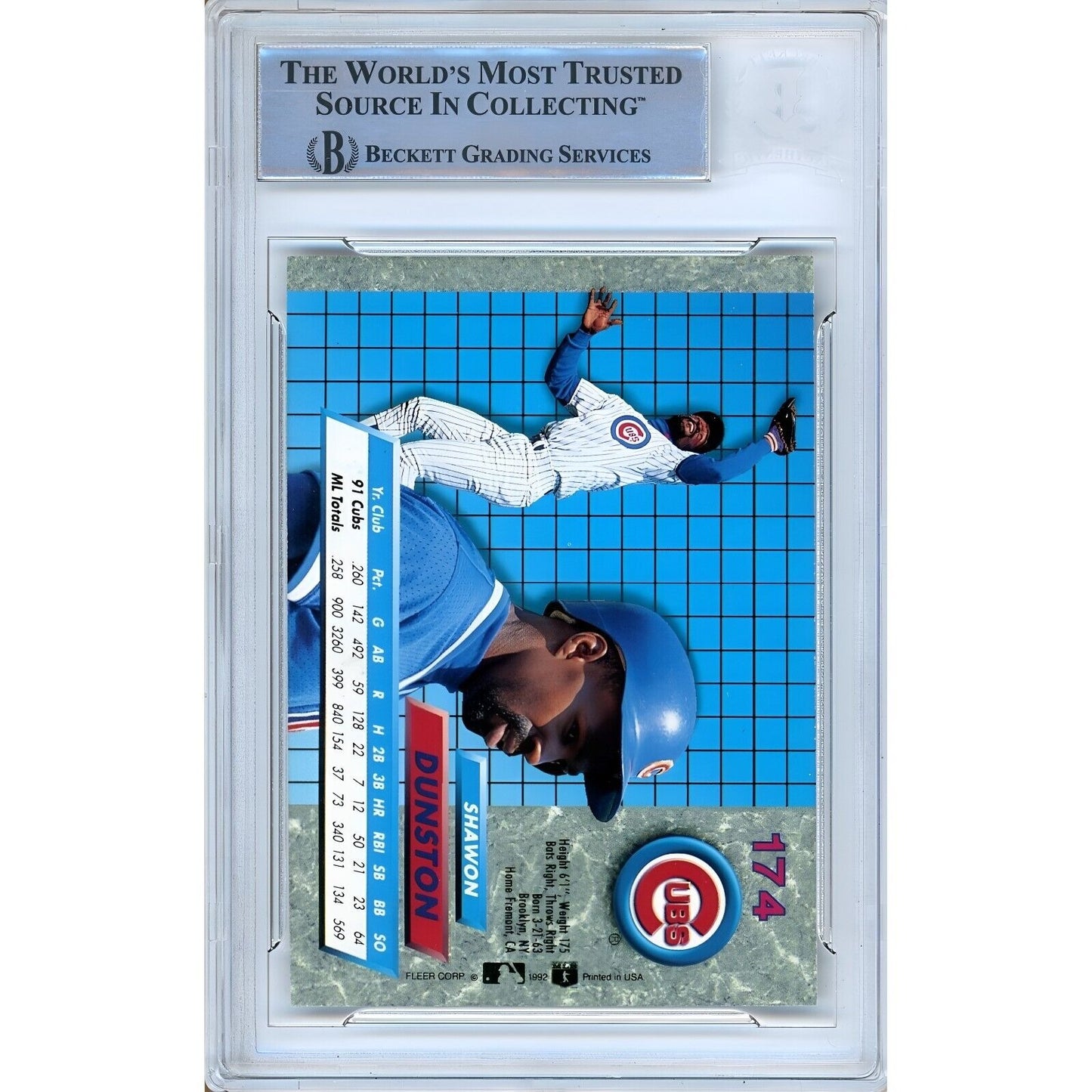 Baseballs- Autographed- Shawon Dunston Chicago Cubs Signed 1992 Fleer Ultra Trading Card Beckett Authenticated Auto Slab Back