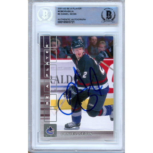 Hockey- Autographed- Daniel Sedin Vancouver Canucks Signed 2001-02 BAP Be A Player Memorabilia Hockey Card Beckett Authentic Auto Slab Front