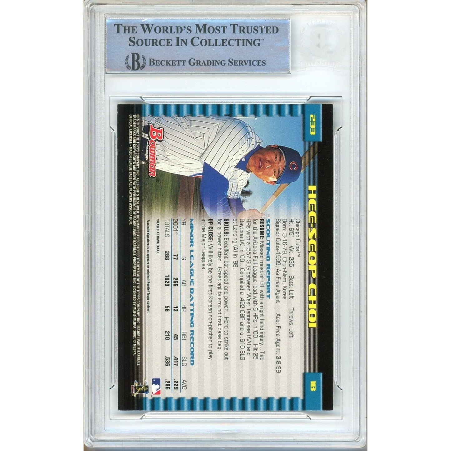 Baseballs- Autographed- Hee Seop Choi Chicago Cubs Signed 2002 Bowman Baseball Card Beckett Authenticated Auto Slab Back