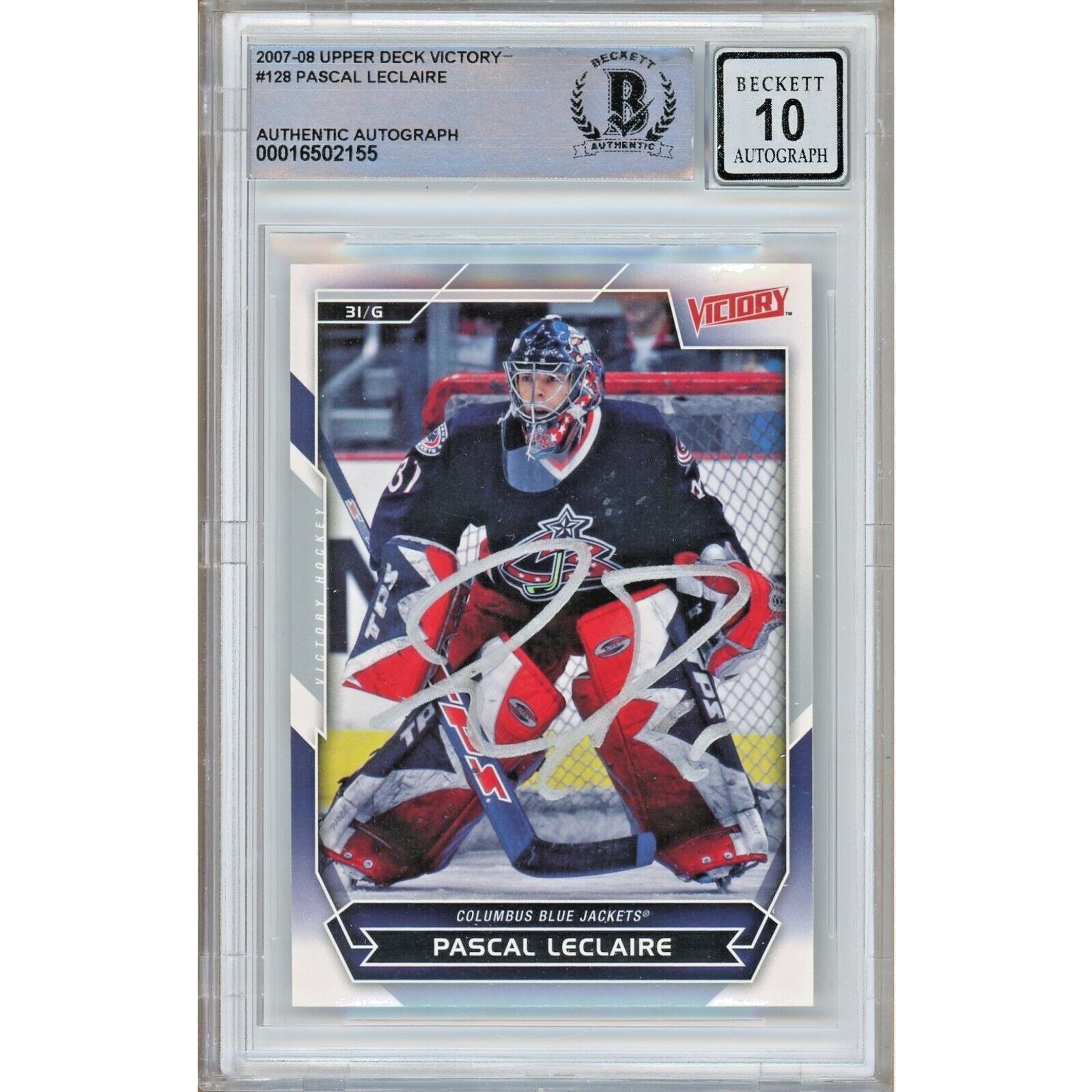 Pascal LeClaire Blue Jackets autographed trading card – full view – Beckett COA
