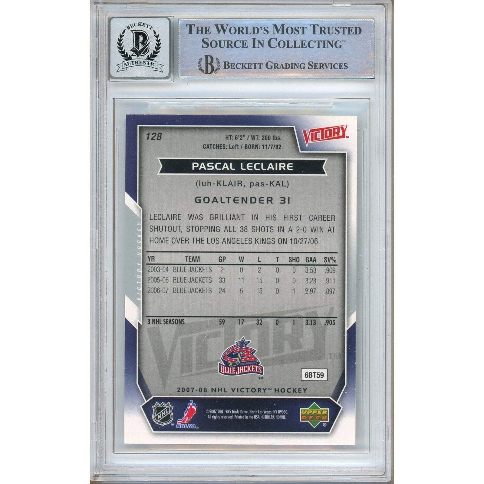 Pascal LeClaire Blue Jackets signed trading card – signature close-up – Beckett COA