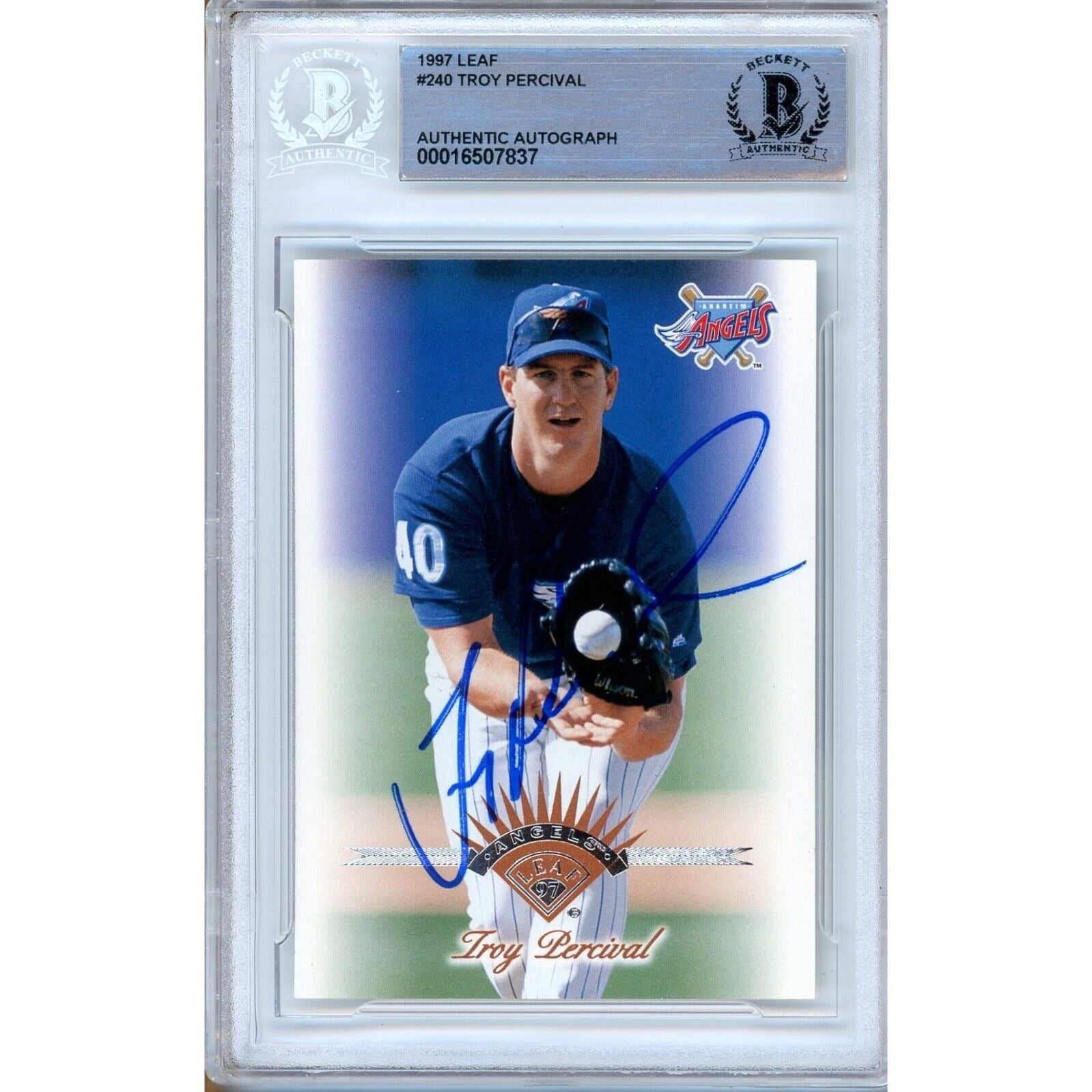 Troy Percival Anaheim Angels autographed trading card – full view – Beckett COA