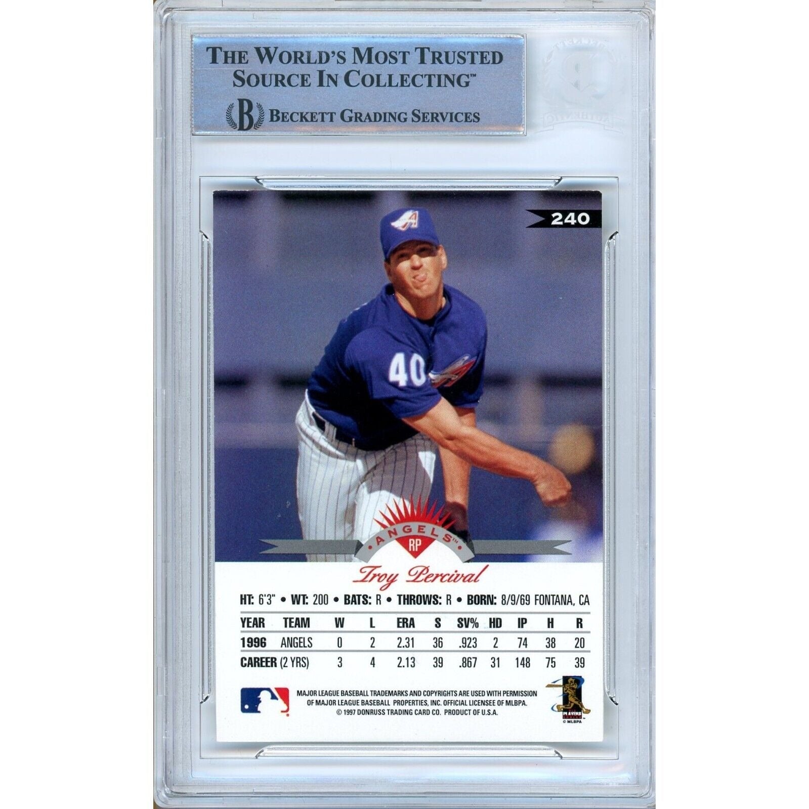 Troy Percival Anaheim Angels signed trading card – signature close-up – Beckett COA
