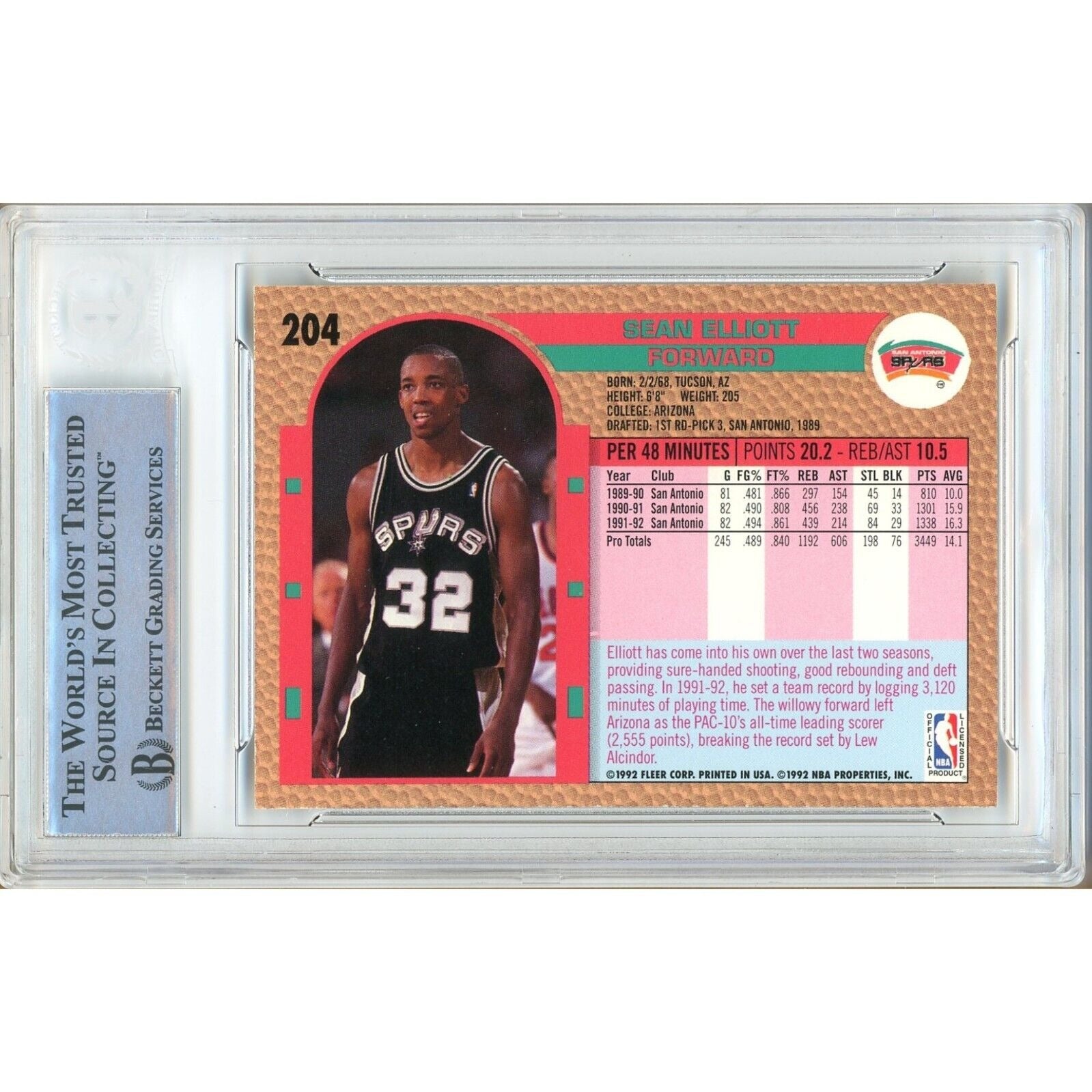 Sean Elliott San Antonio Spurs signed trading card – signature close-up – Beckett COA