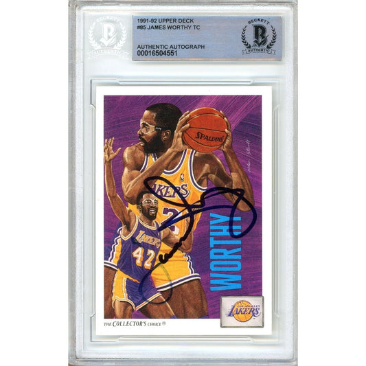 Basketballs- Autographed- James Worthy Los Angeles Lakers Signed 1991-92 Upper Deck Basketball Card Beckett Authentic Auto Slab Front