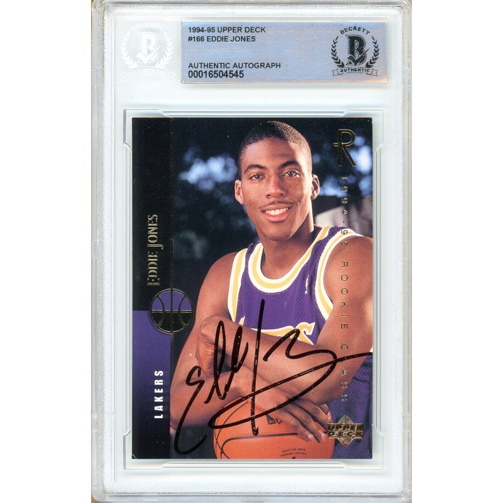 Basketballs- Autographed- Eddie Jones Los Angeles Lakers Signed 1994-95 Upper Deck Basketball Card Beckett Authentic Auto Slab Front