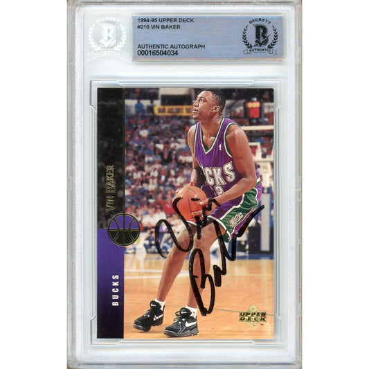 Basketballs- Autographed- Vin Baker Milwaukee Bucks Signed 1994-95 Upper Deck Trading Card Beckett Authentic Auto Slab Front