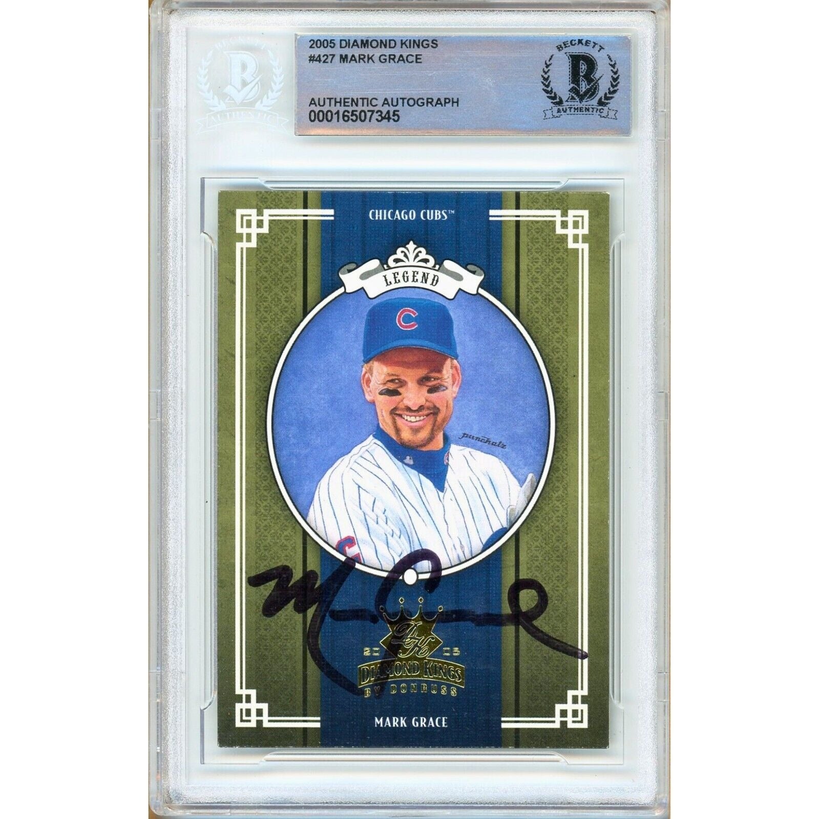 Baseballs- Autographed- Mark Grace Chicago Cubs Signed 2005 Donruss Diamond Kings Baseball Card Beckett Authentic Auto Slab Front