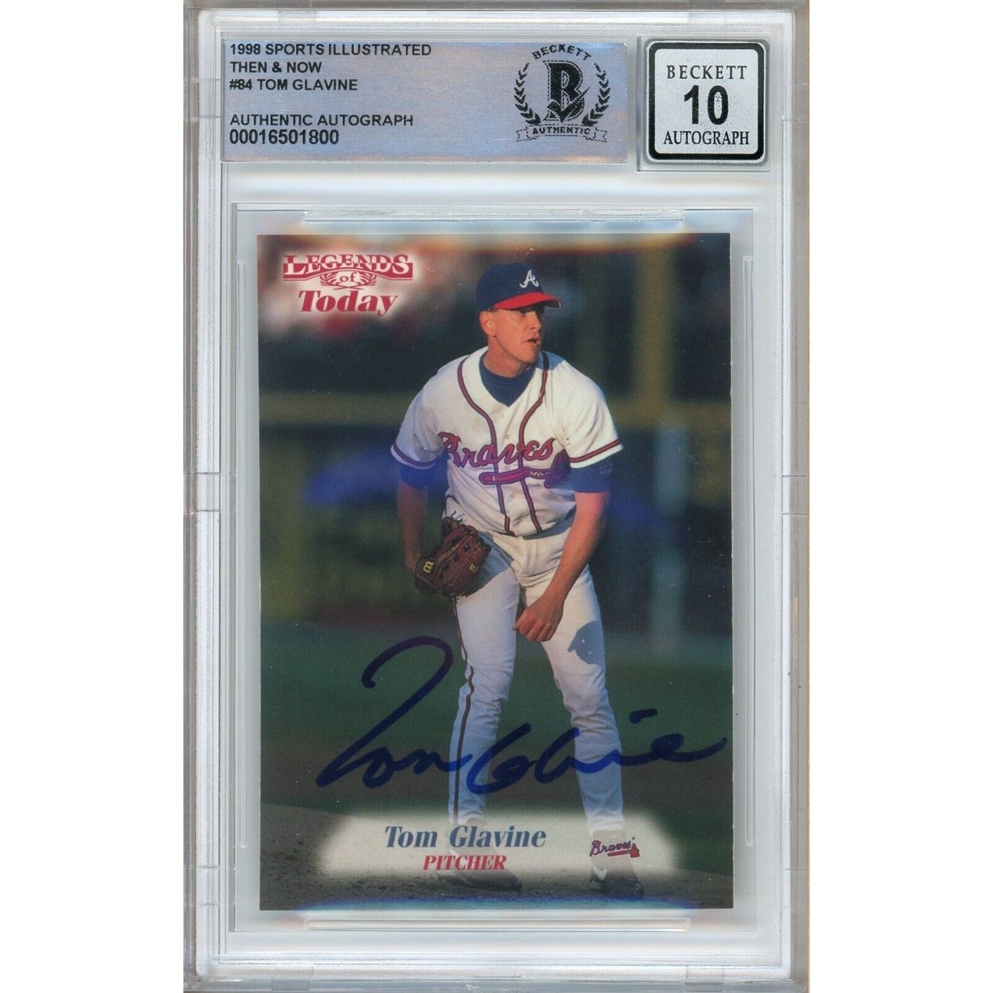 Baseballs- Autographed- Tom Glavine Atlanta Braves Signed 1998 Sports Illustrated Then and Now Trading Card Beckett Authentic BGS Auto-10 Graded Slab Front