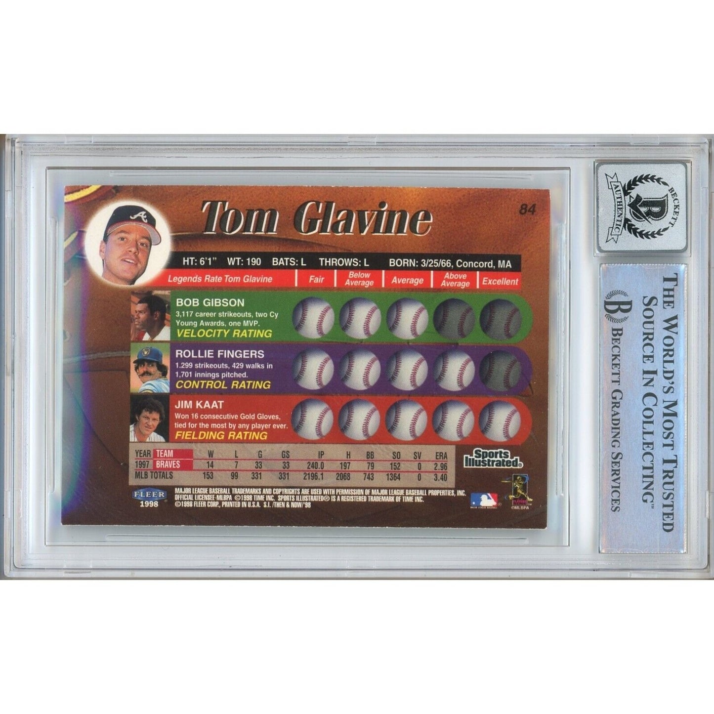 Baseballs- Autographed- Tom Glavine Atlanta Braves Signed 1998 Sports Illustrated Then and Now Trading Card Beckett Authentic BGS Auto-10 Graded Slab Back