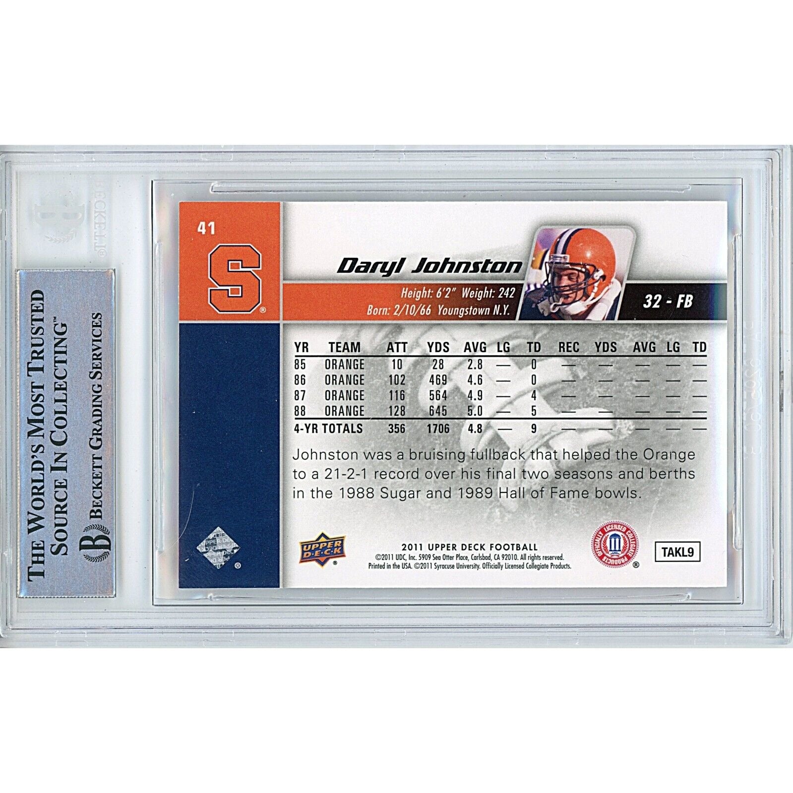 Footballs- Autographed- Daryl Moose Johnston Syracuse University Orange 2011 Upper Deck Football Card Beckett Authentic Auto Slab Back