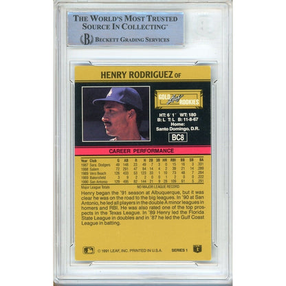 Baseballs- Autographed- Henry Rodriguez Los Angeles Dodgers Signed 1991 Leaf Gold Rookies Baseball Card Beckett Authentic Auto Slab Back