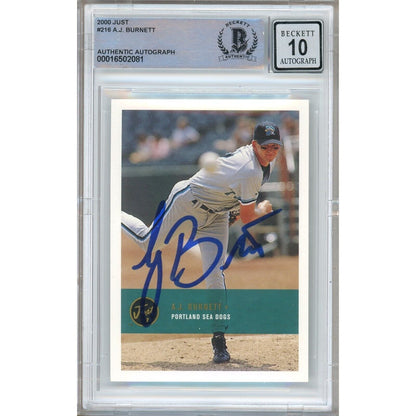 Baseballs- Autographed- AJ Burnett Miami Marlins Signed 2000 Just Minor League Rookie Baseball Card Beckett Authentic BGS Auto-10 Graded Slab Front