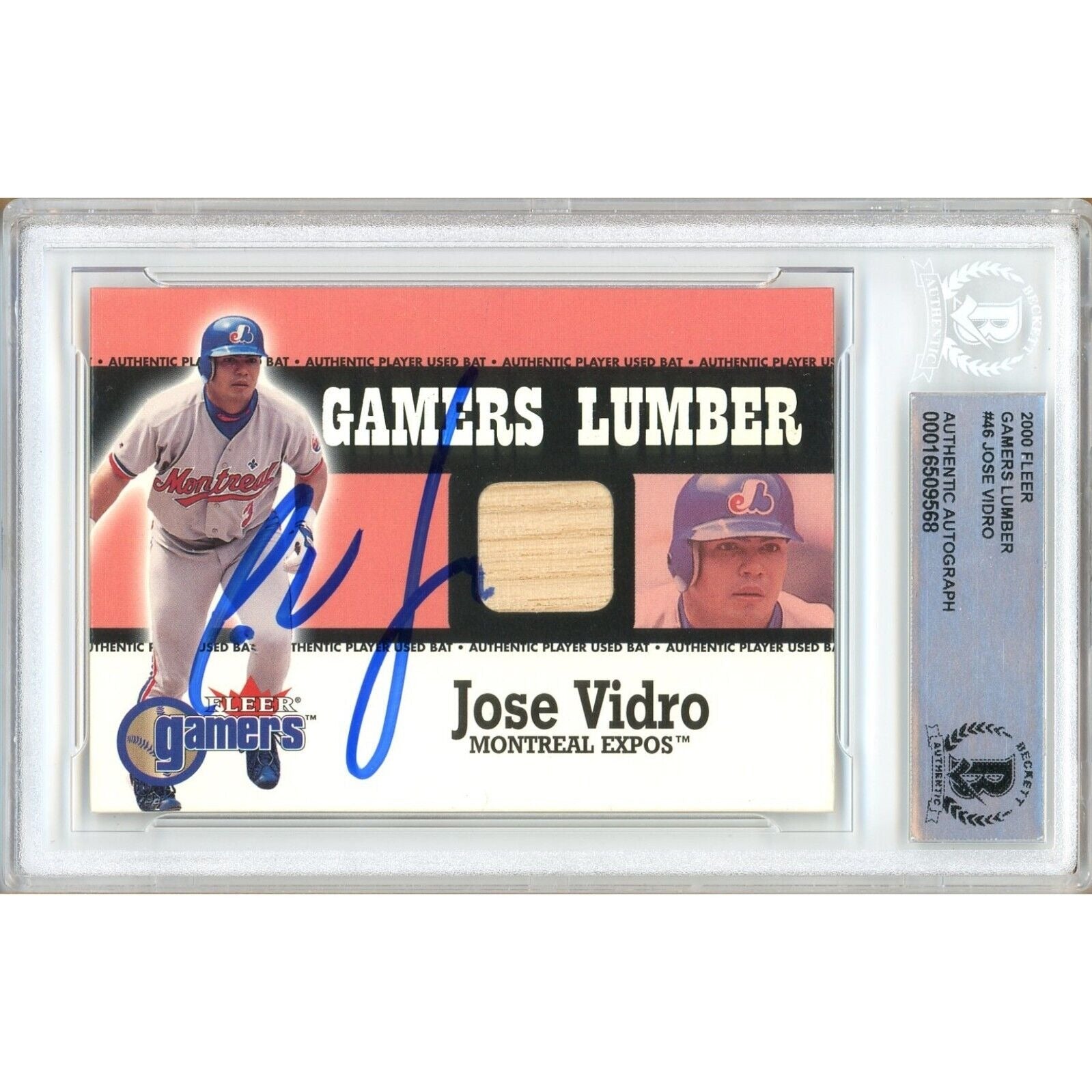 Baseballs- Autographed- Jose Vidro Montreal Expos Signed 2000 Fleer Gamers Lumber Game Used Relic Baseball Card Beckett Authentic Auto Slab Front